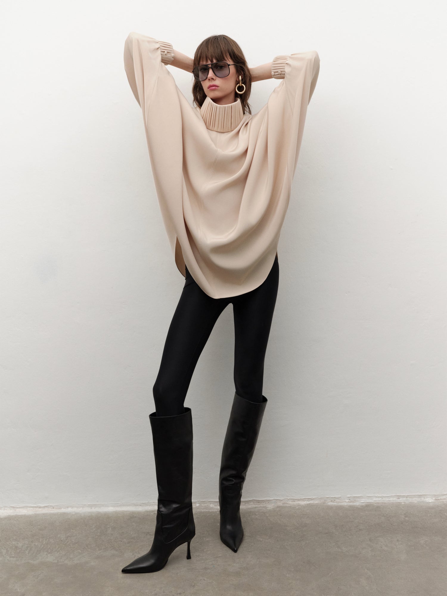 Drape-detailed High-neck Batwing Sleeve Mini Dress in Red