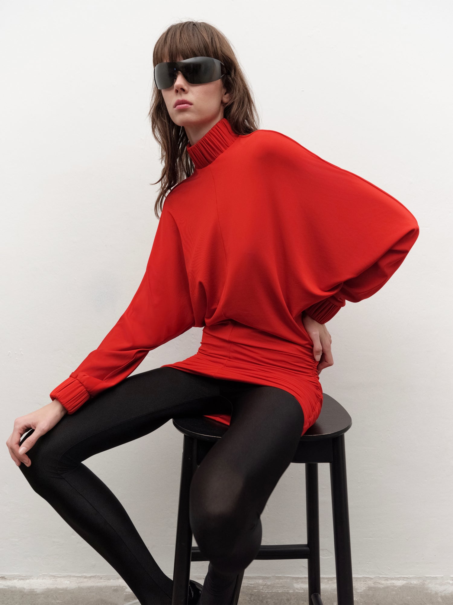 Drape-detailed High-neck Batwing Sleeve Mini Dress in Red