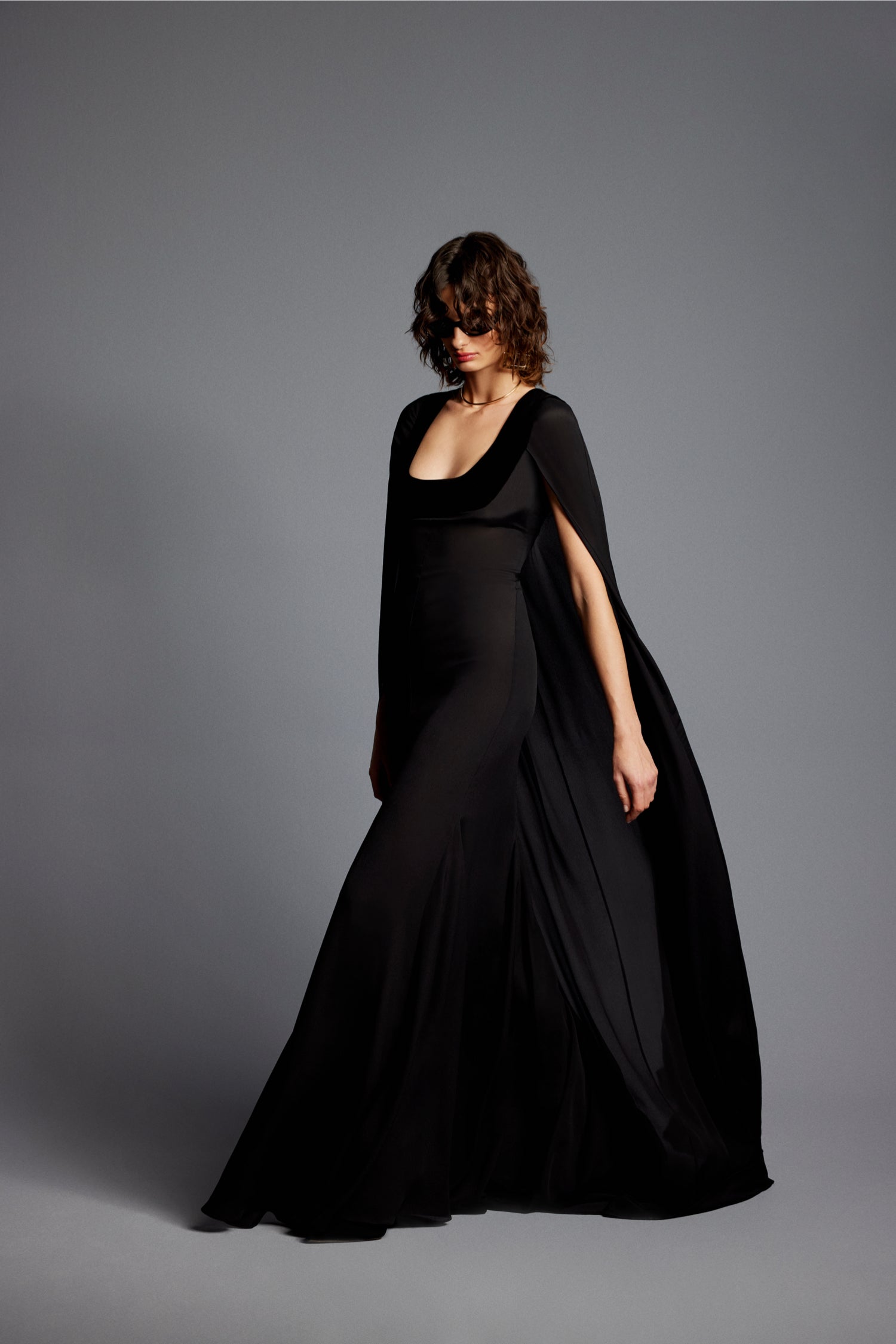 'Dita' Crepe Chiffon Maxi Cape Dress