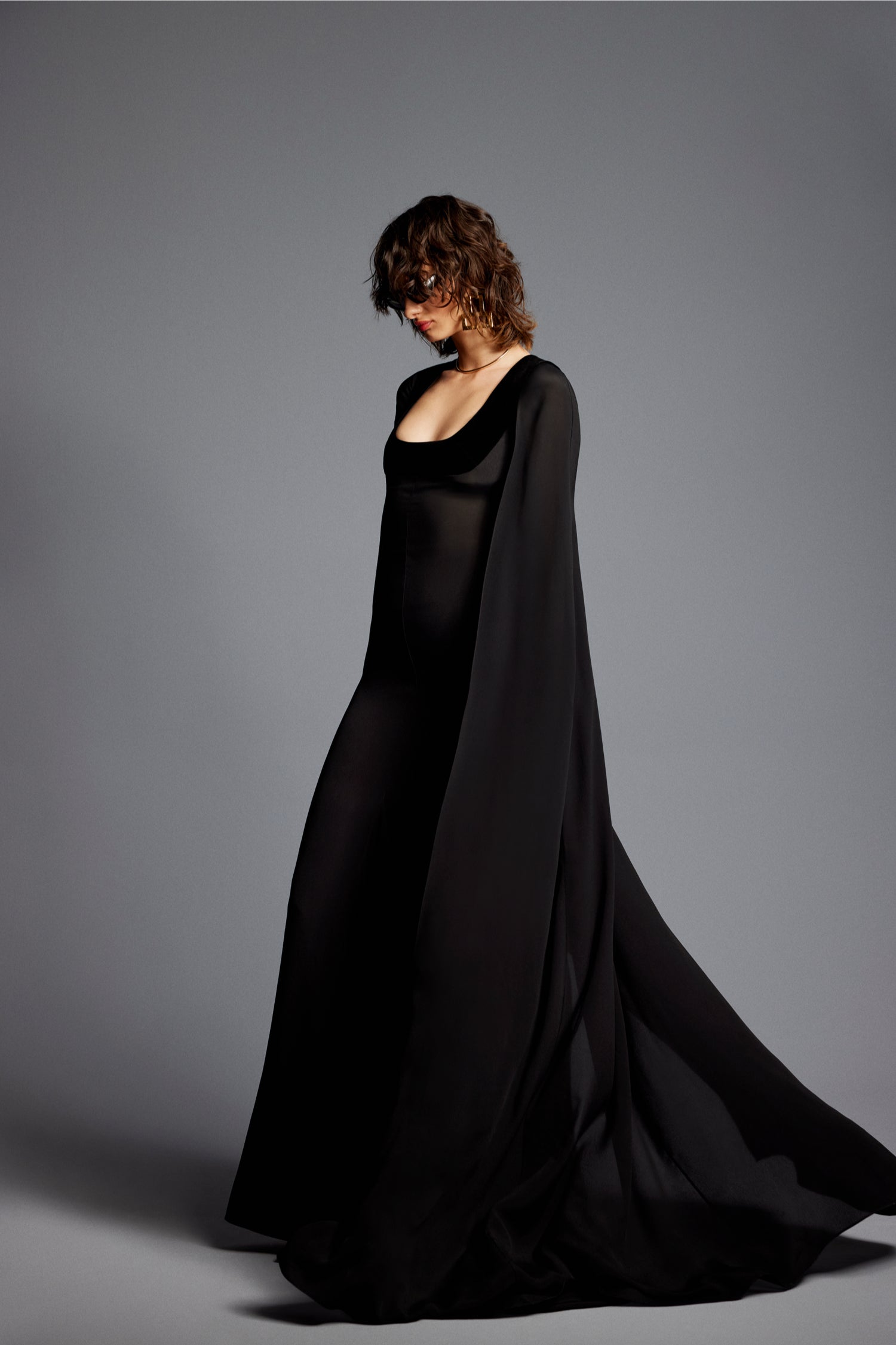 'Dita' Crepe Chiffon Maxi Cape Dress