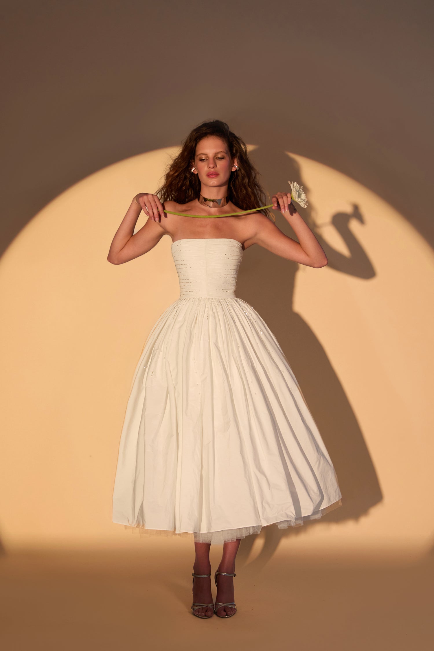'Hanna' Crystal embellished ruched taffeta midi dress