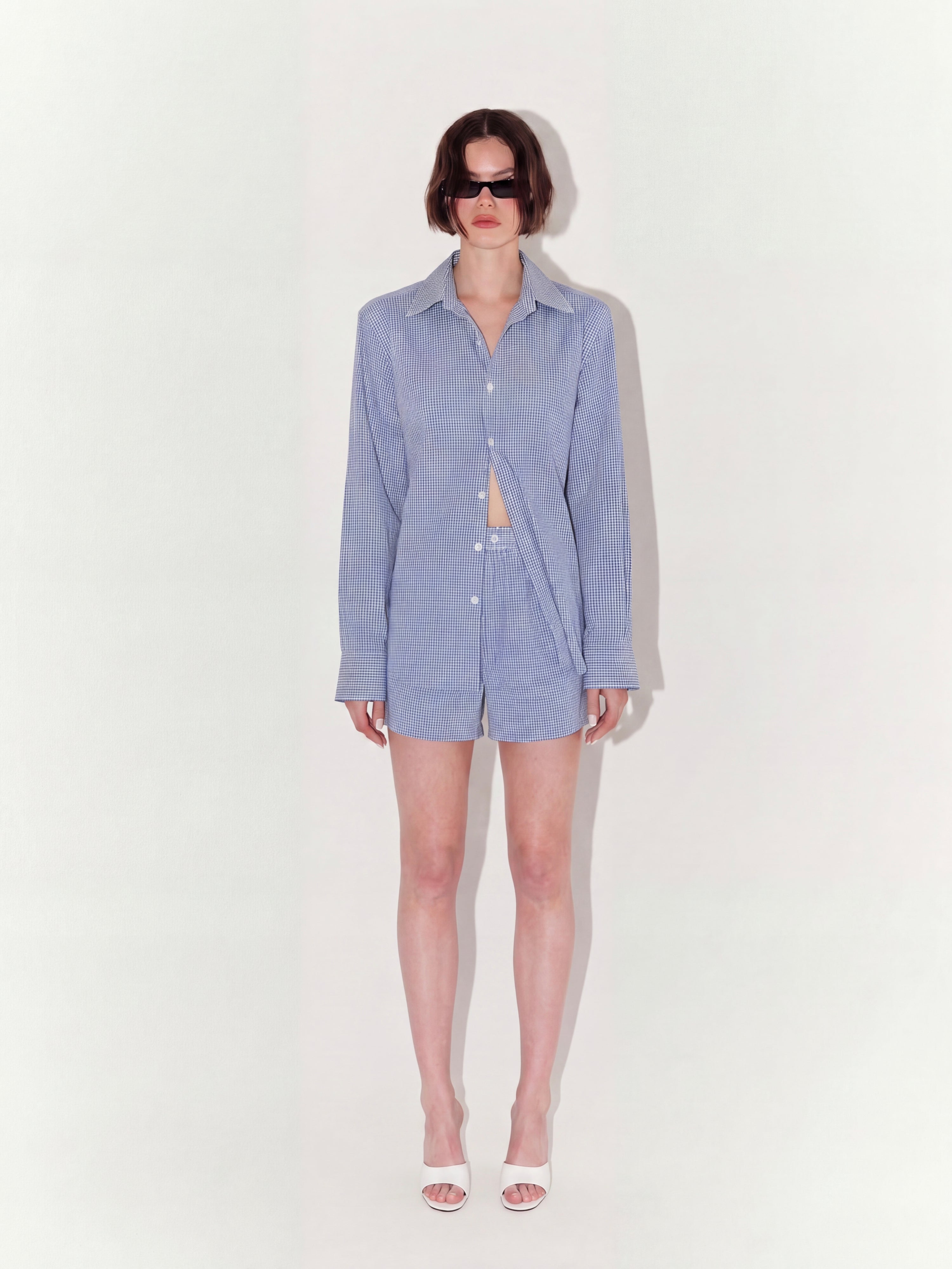 Relaxed Fit Gingham Shirt And Shorts Set In Blue and White