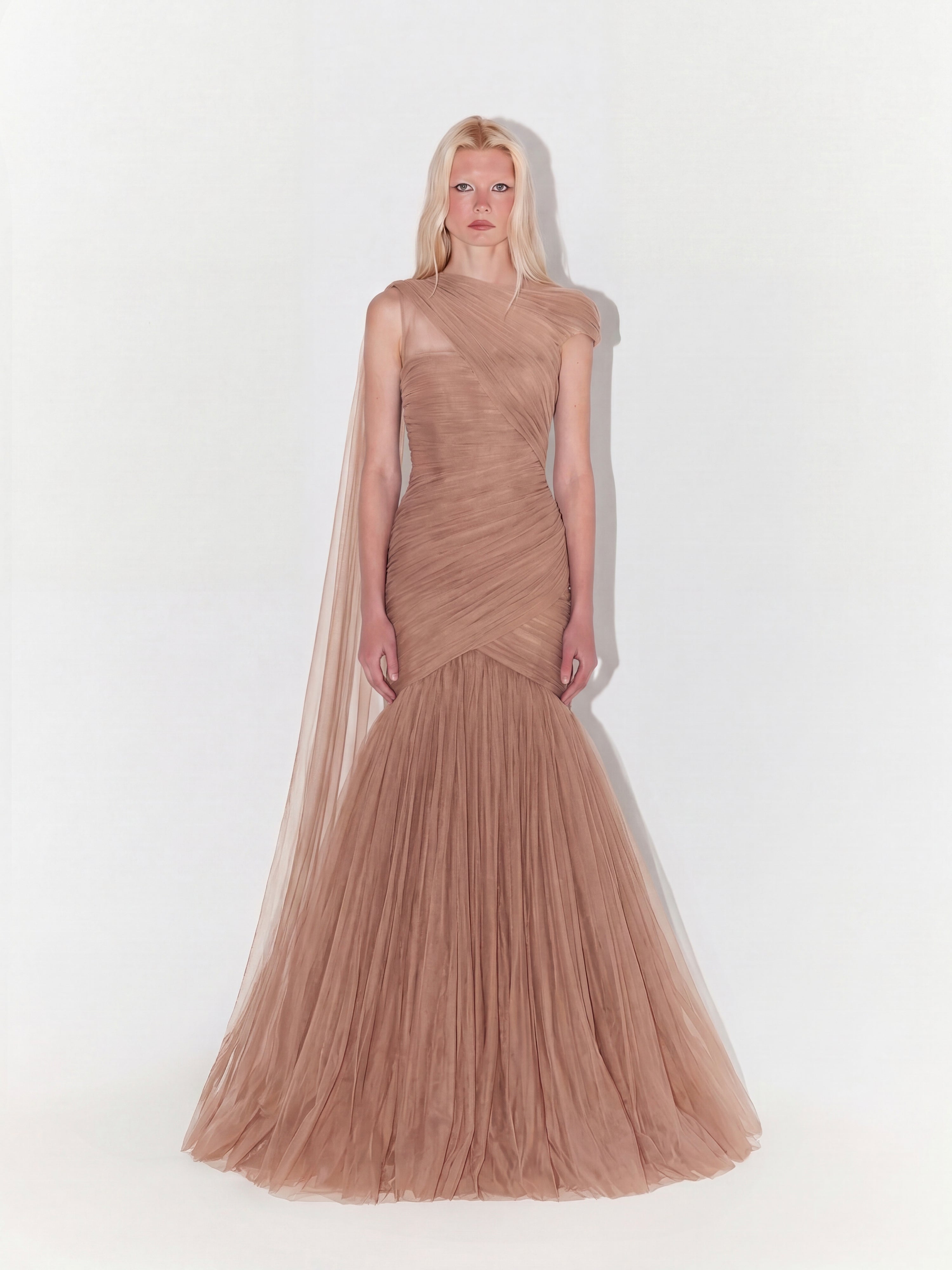 One-Shoulder Couture Structural Tulle Gown In Nude