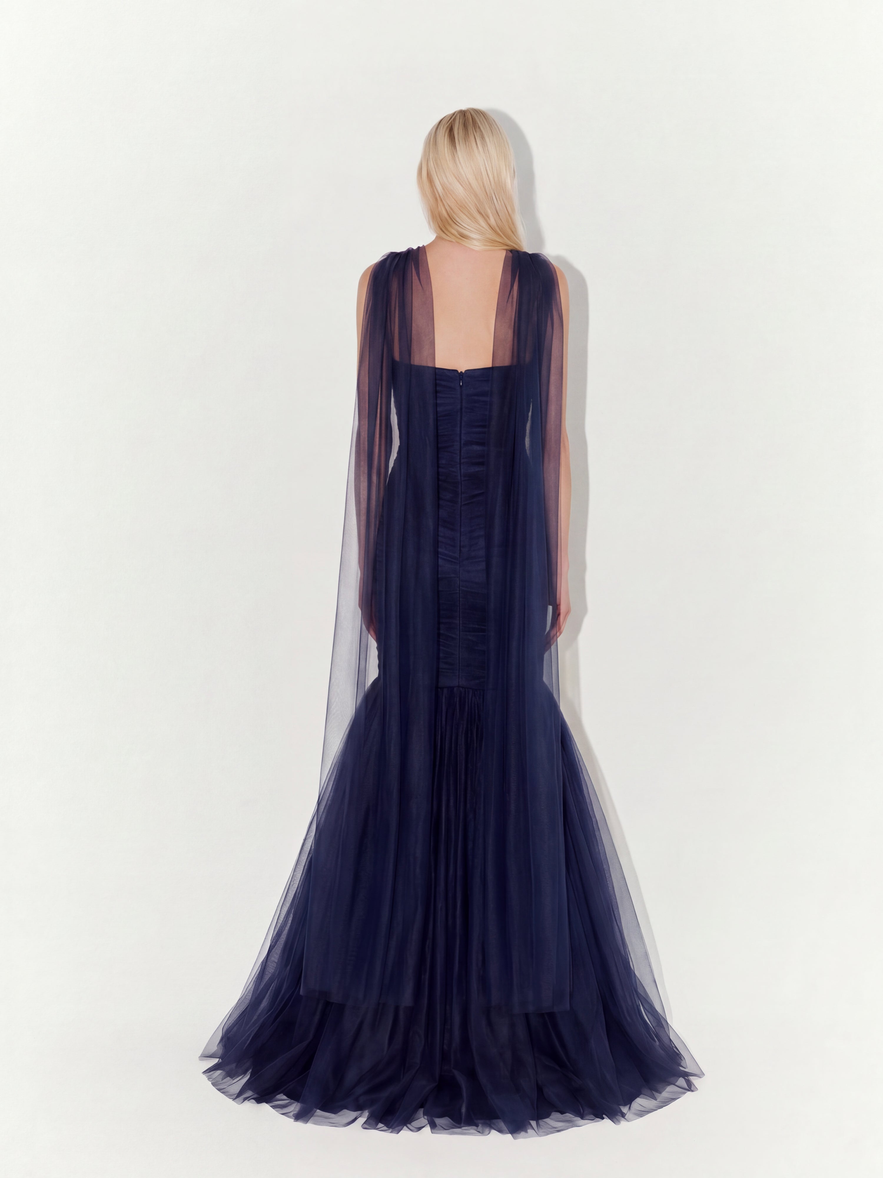 Draped Strapless Tulle Gown with Scarf In Navy