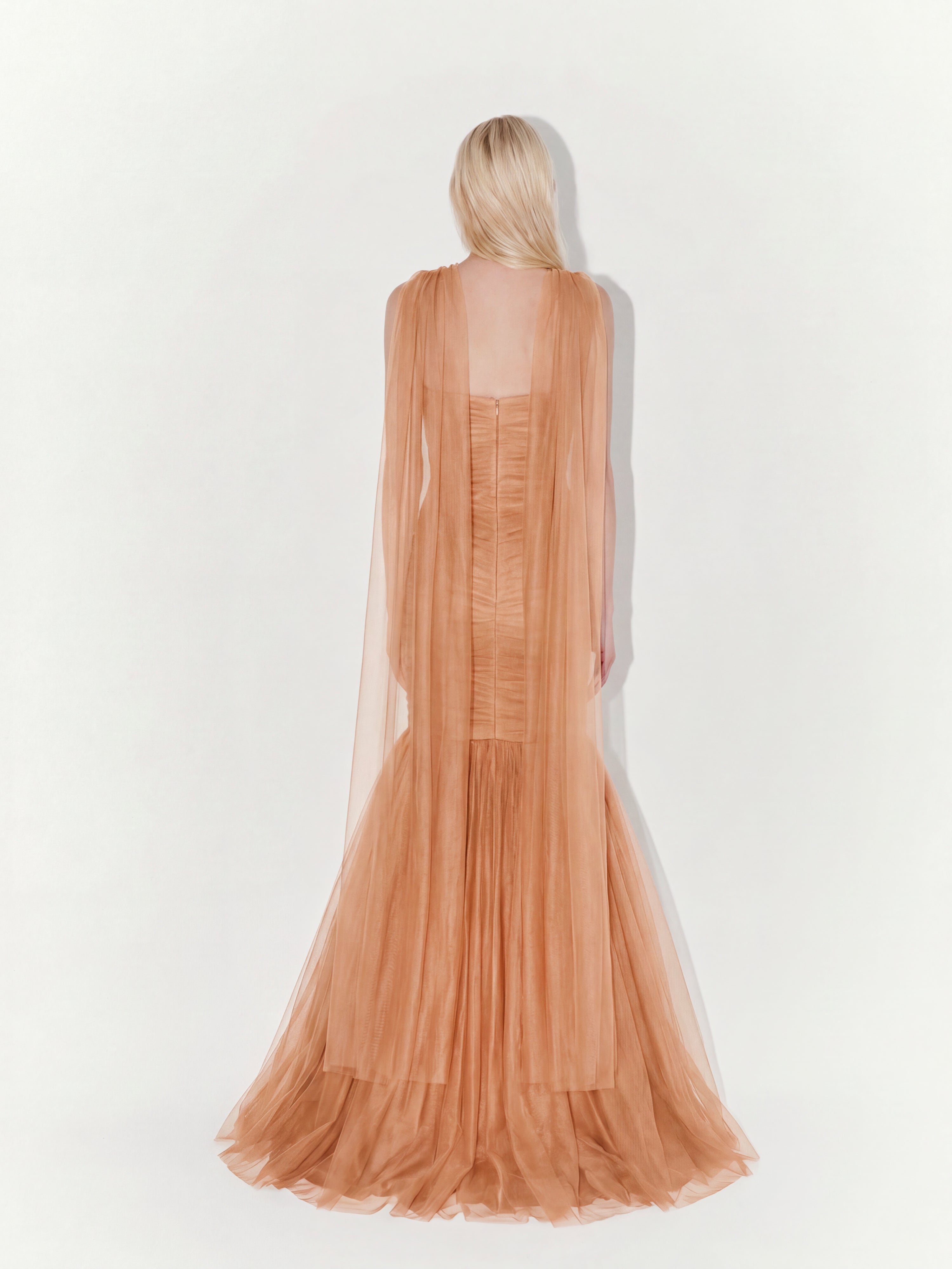 Draped Strapless Tulle Gown with Scarf In Apricot