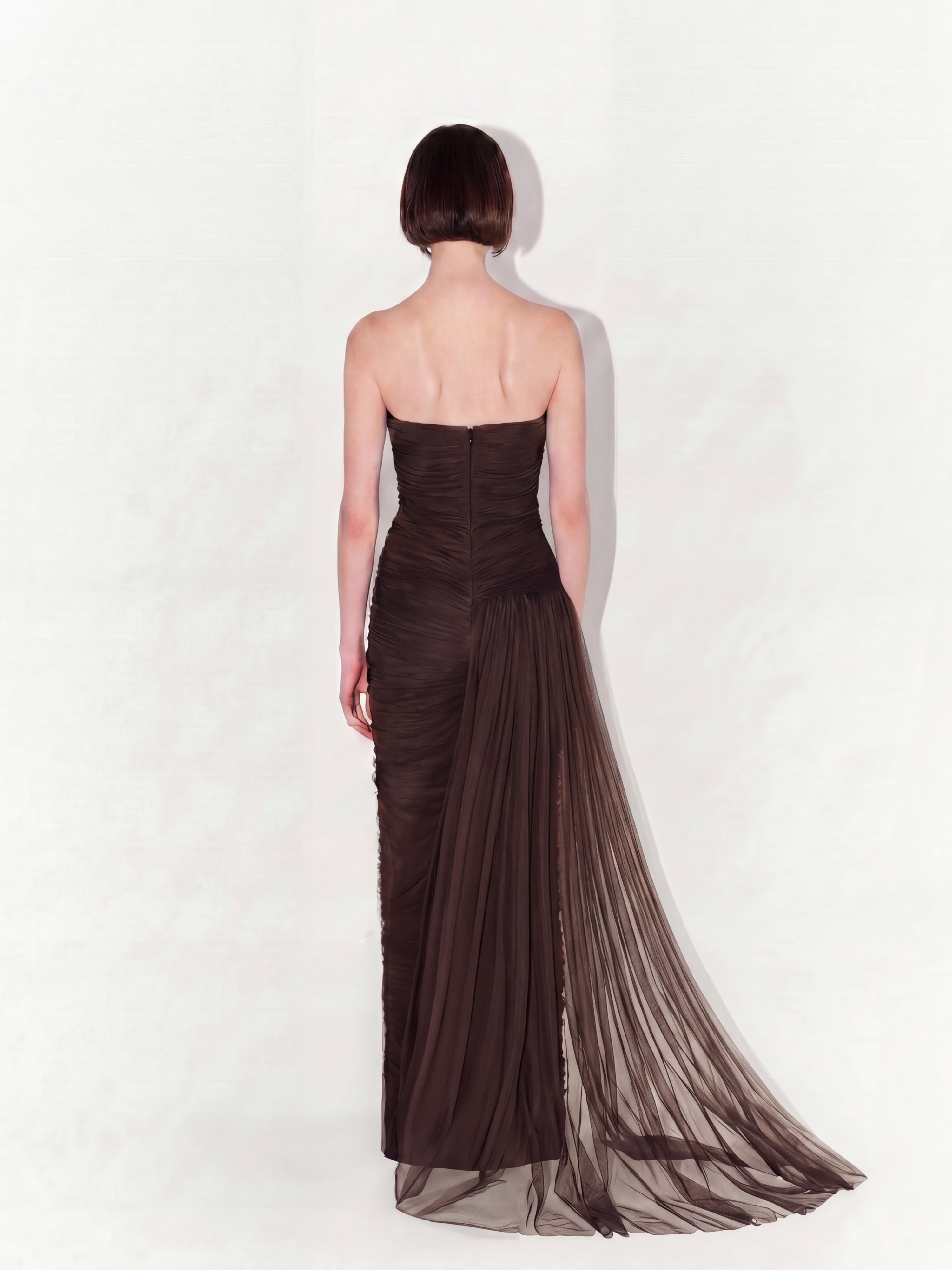 Draped Tulle Couture Gown with Train In Brown