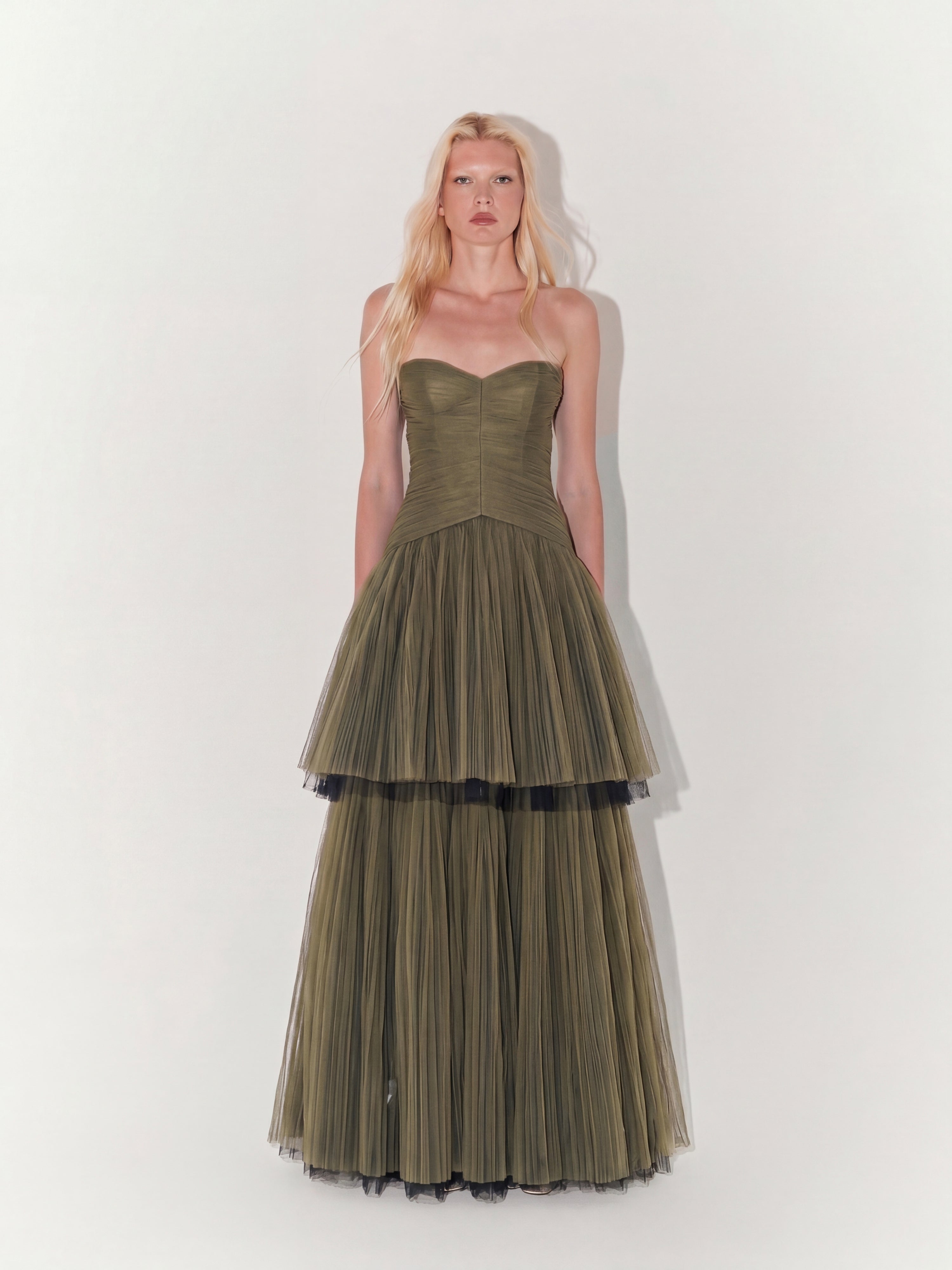 Strapless Double-Layer Tulle Couture Gown In Khaki