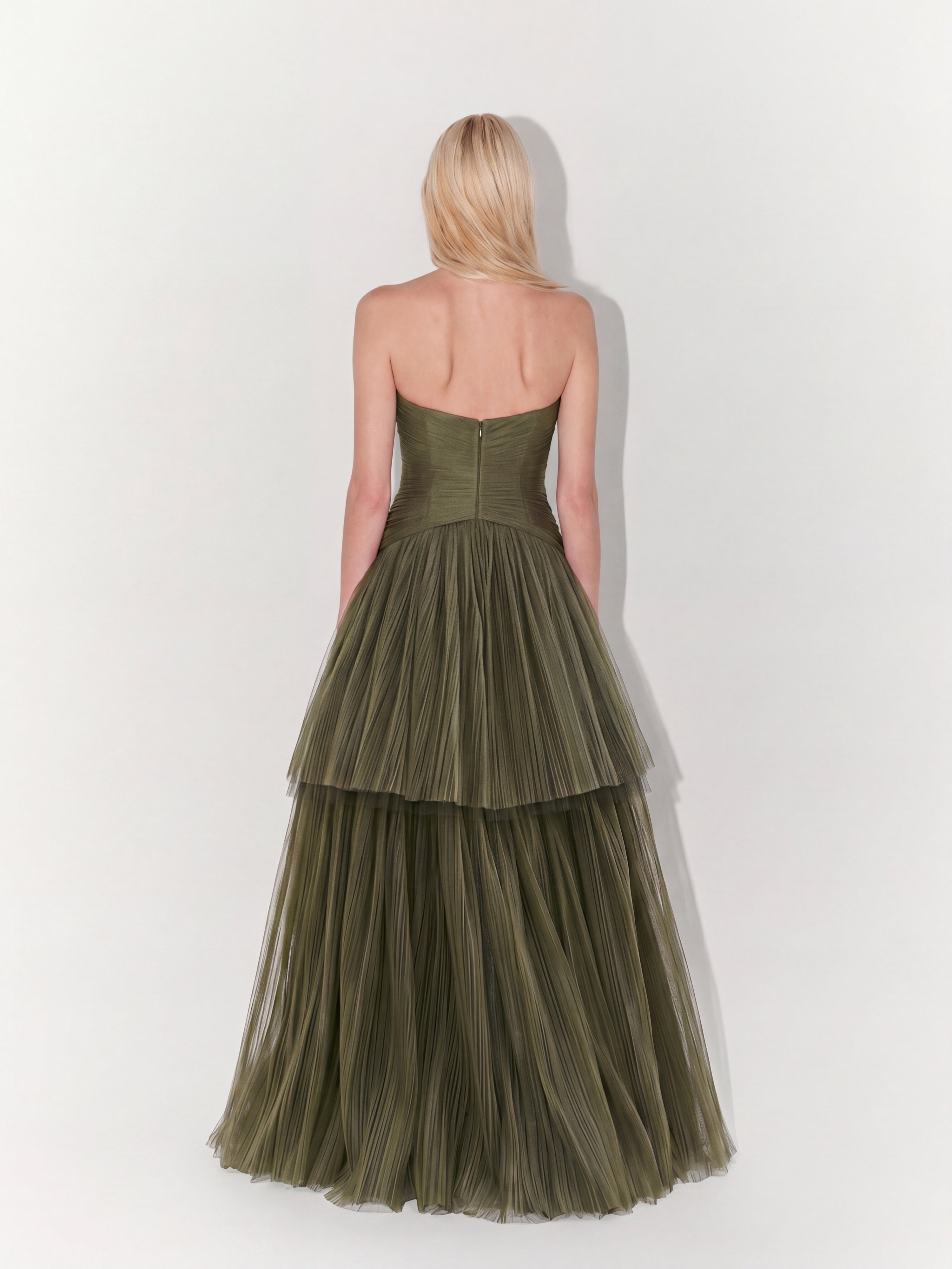 Strapless Double-Layer Tulle Couture Gown In Khaki