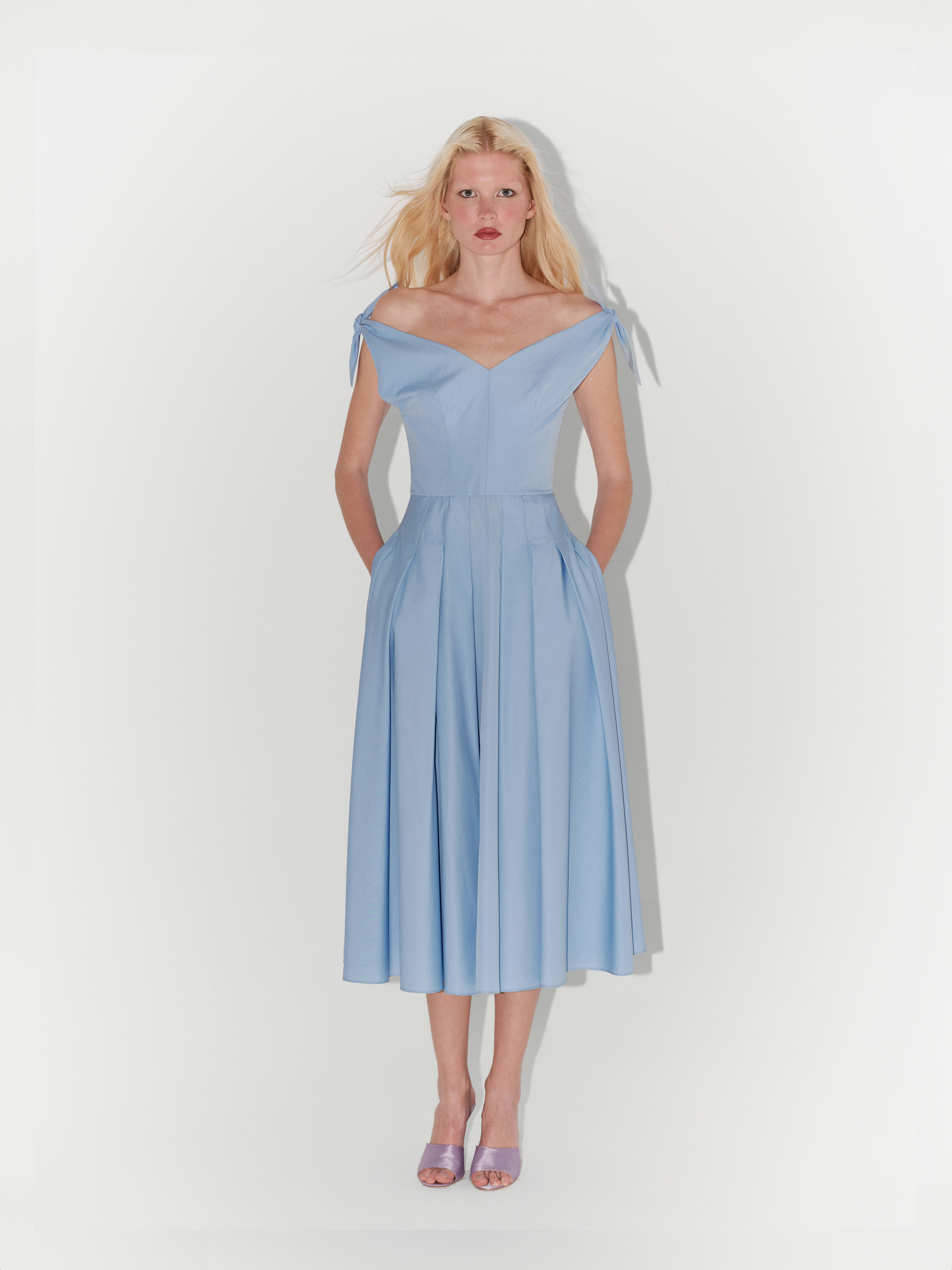 Poplin Tie-Shoulder Midi Dress in Blue