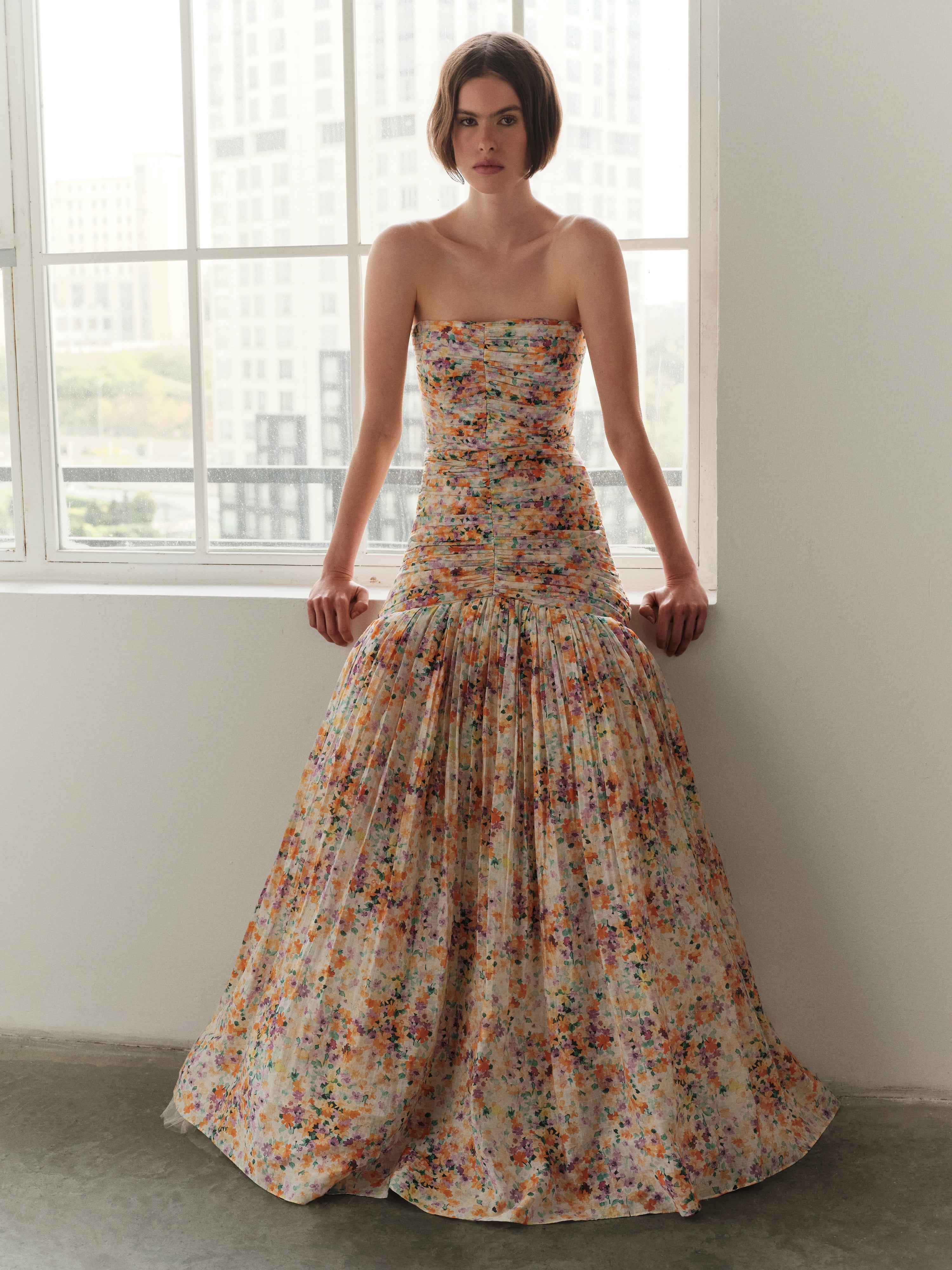 Strapless Floral-Print Gown