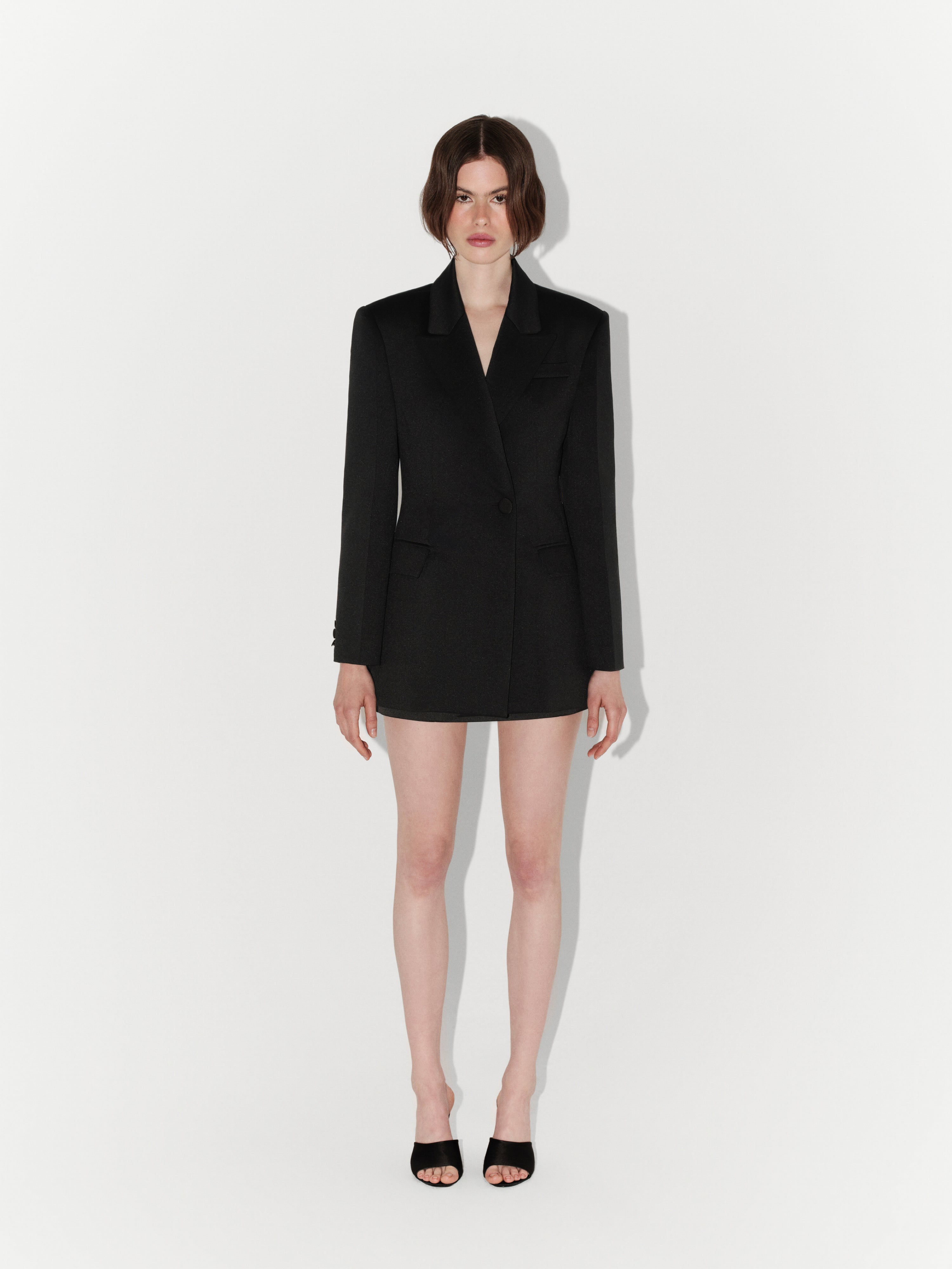 Tailored Satin Blazer and Mini Skirt Set In Black
