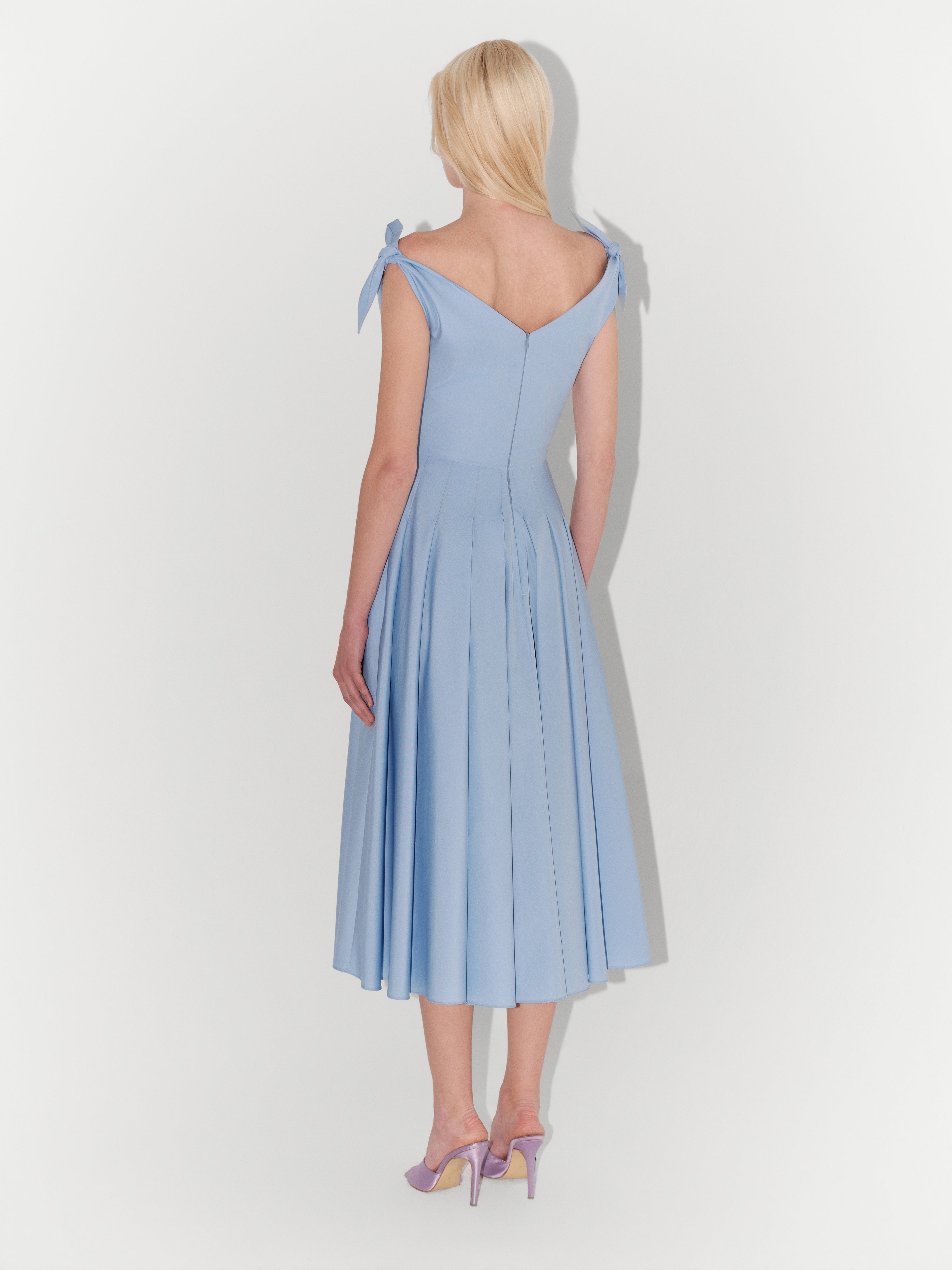 Poplin Tie-Shoulder Midi Dress in Blue