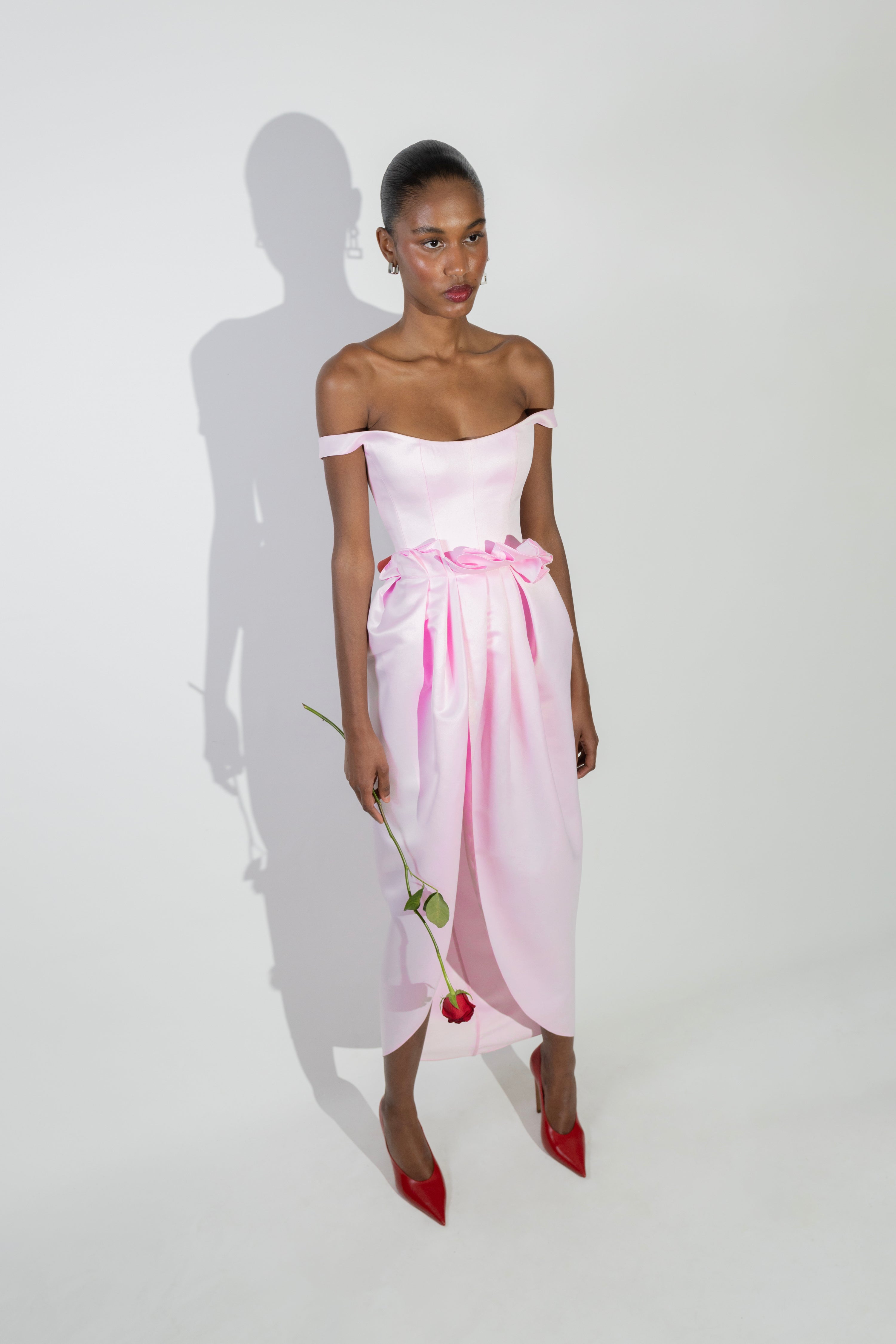 'Monica' Off-shoulder gathered satin midi dress