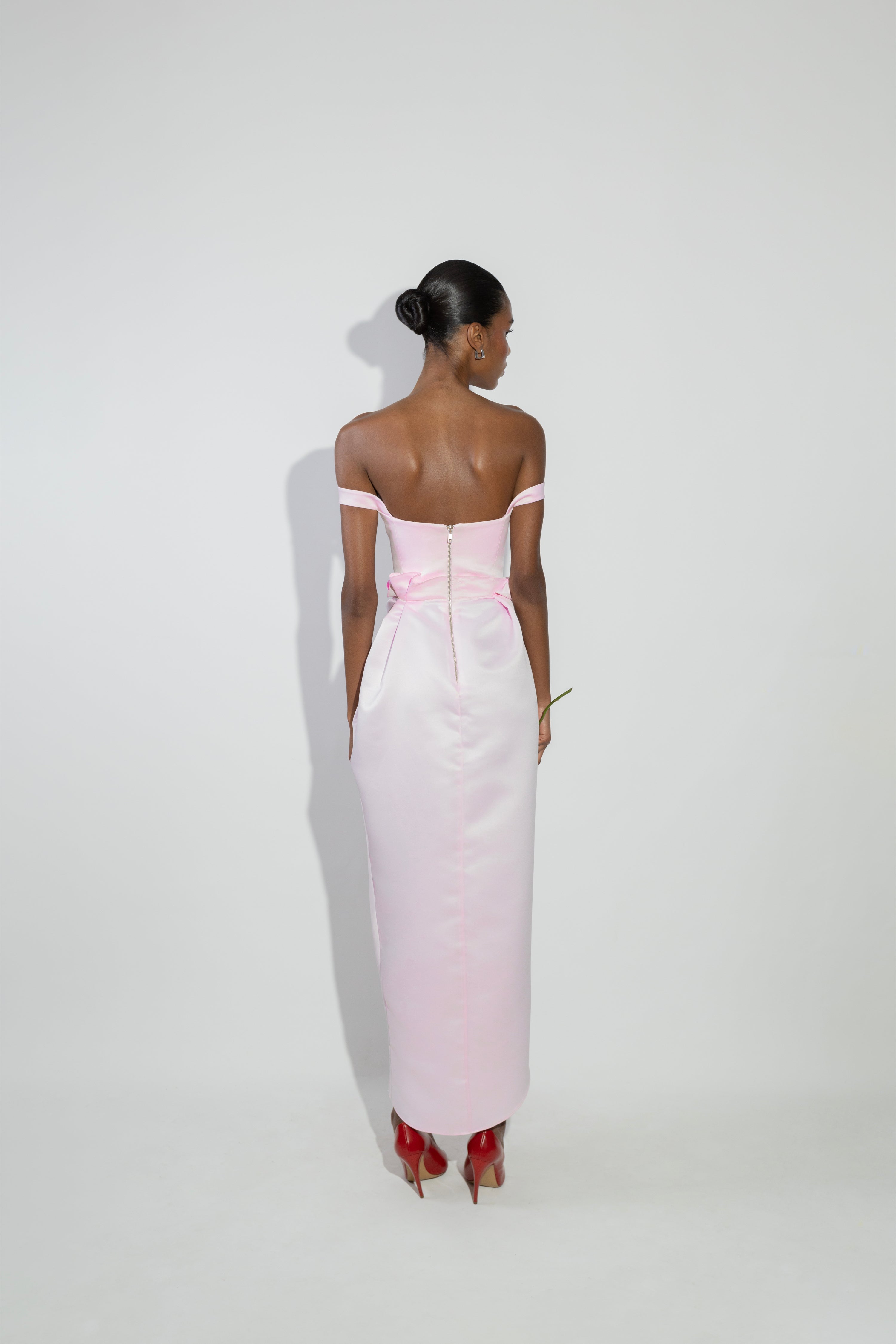 'Monica' Off-shoulder gathered satin midi dress