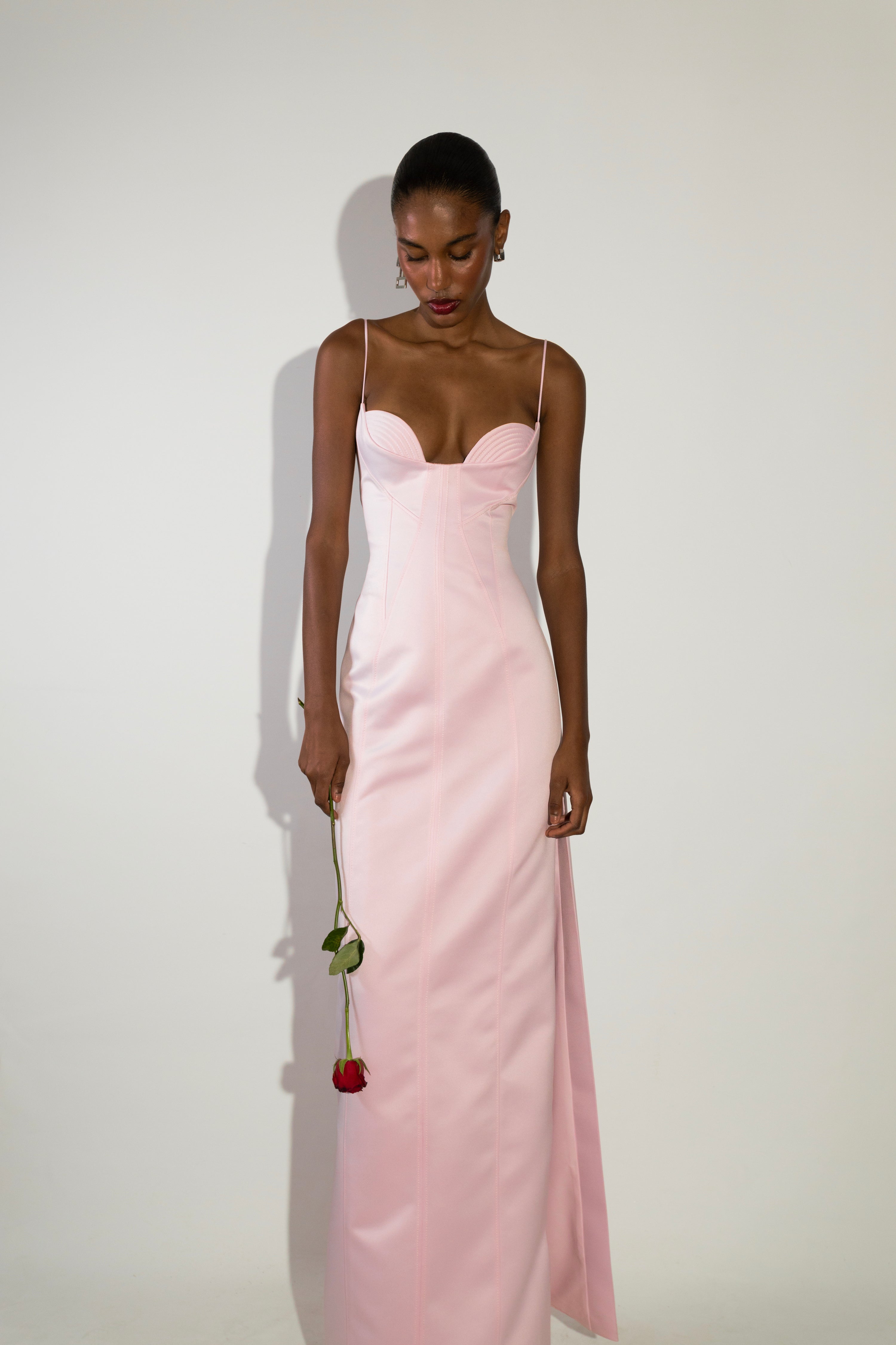 'Rita' Strapless babydoll satin maxi dress