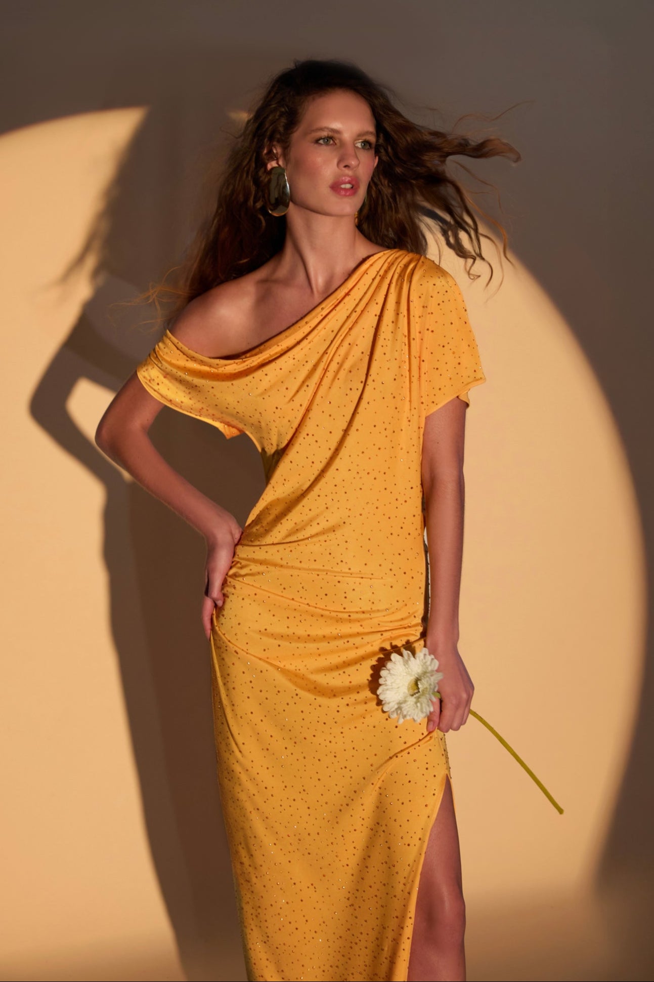 'Sunny' Crystal printed jersey off shoulder maxi dress