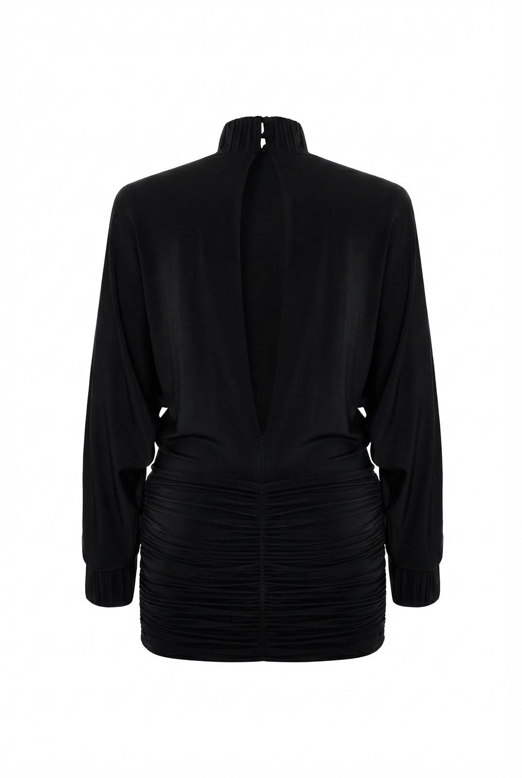 Drape-detailed High-neck Batwing Sleeve Mini Dress in Black