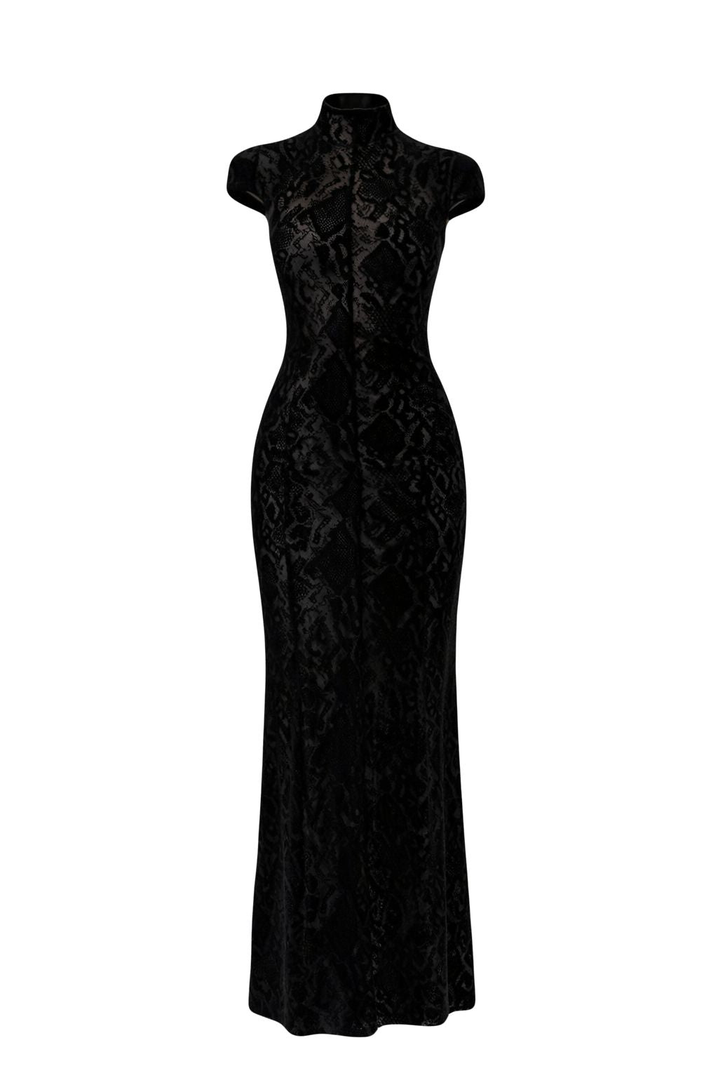 Structured-shoulder Snake-print flocked Velvet Maxi Dress in Black