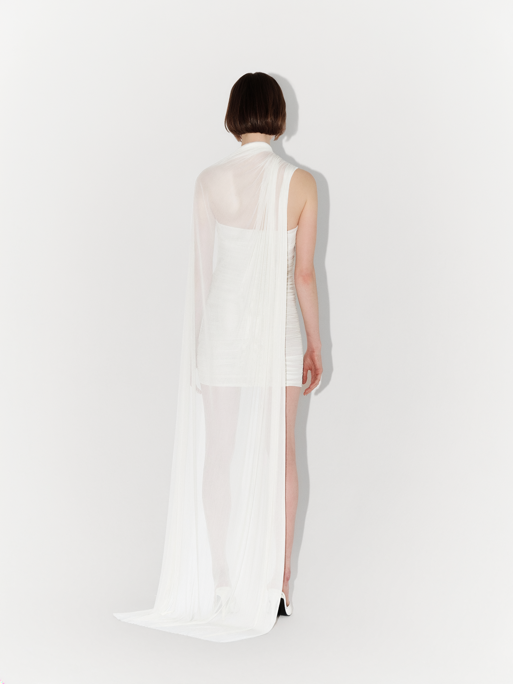 Silk Tulle Draped Fitted Couture Mini Dress In White