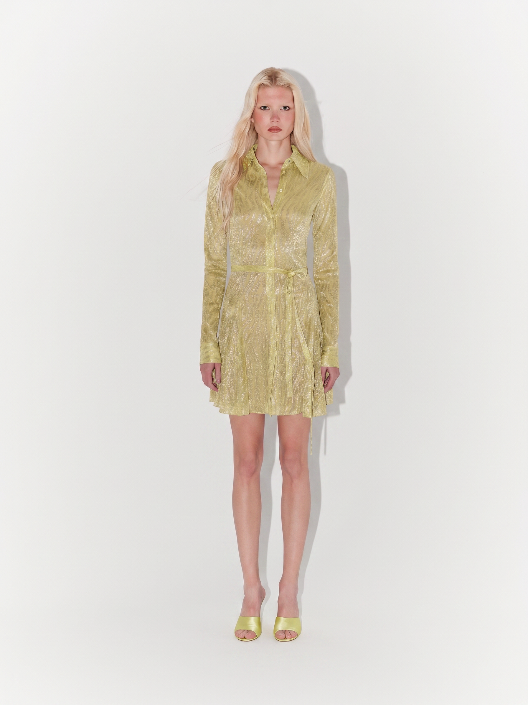 Shimmer Textured Mini Shirt Dress In Yellow